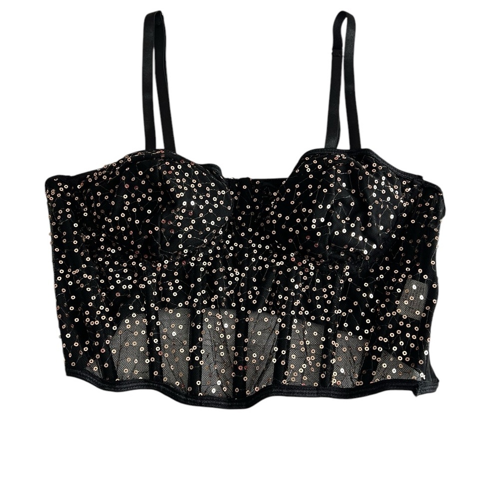Black Sequin Crop Top. Gold sequins. Lined cups with sheer bodice with boning